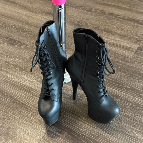 Pleaser Adore Black Lace-Up Platform Heels - Picture 2 of 4